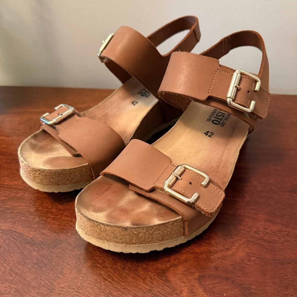 Mephisto Lissandra Wedge Sandals Camel Leather Size 42/10